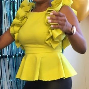 Ruffle shoulder peplum top. Lime yellow by CQ